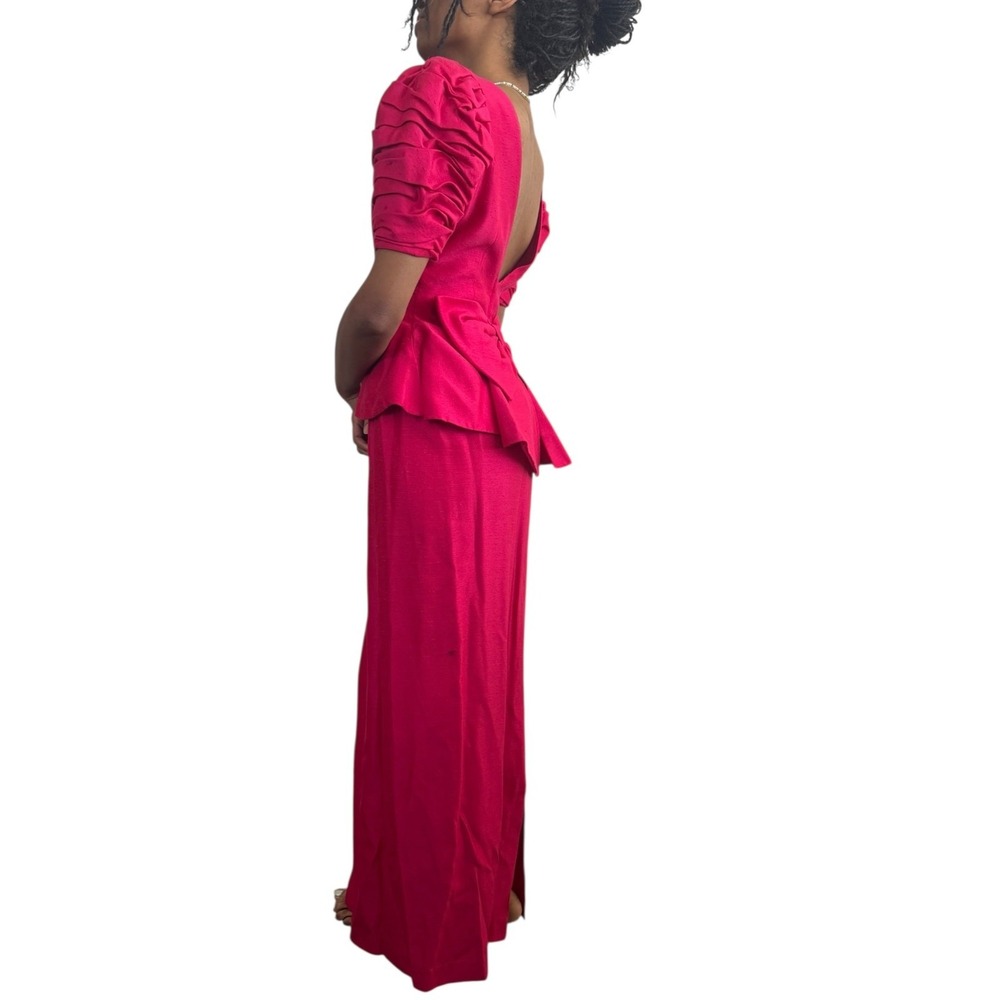 Vintage 80s Dessy Creations Pink Puff Sleeve Bow Back Gown Sz 8 Peplum Maxi